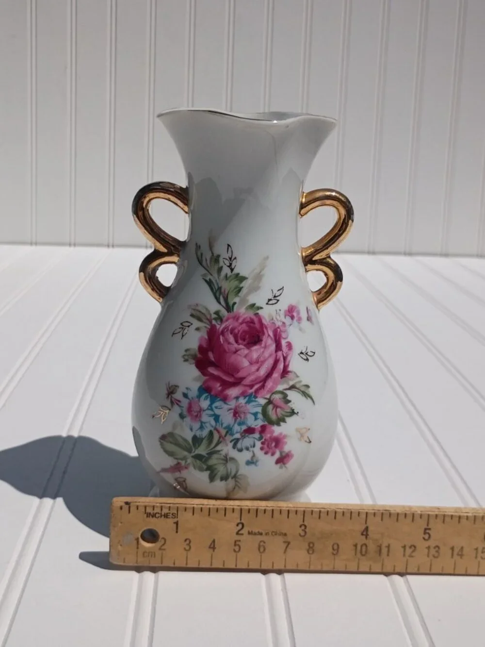 Vintage Japanese Porcelain Vase Pink Rose Floral Gold Trim Scroll Handles 7.25